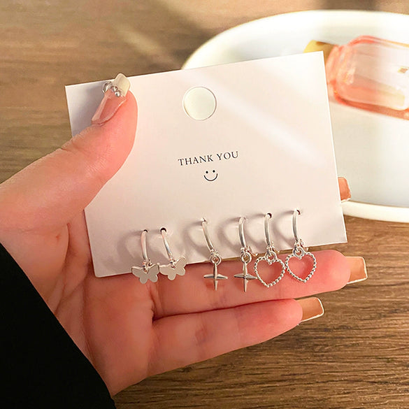Fashion Trendy Oildropping Heart Butterfly Imitation Pearl Alloy Earrings Set For Women With Electroplating