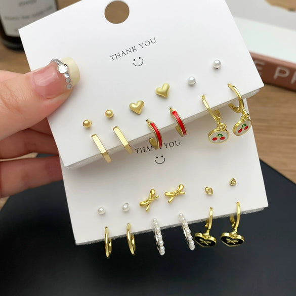 Fashion Trendy Oildropping Heart Butterfly Imitation Pearl Alloy Earrings Set For Women With Electroplating