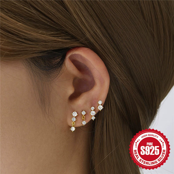 Fashion Trendy Simple Geometric S925 Sterling Silver Fourpiece Set Women's Ear Studs With Inlaid Zircon