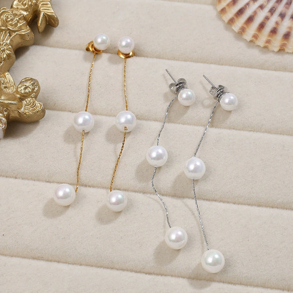 Fashion Trendy Women's Earrings 316L Stainless Steel Glass Beads Gold Long Tassel Electroplating Design