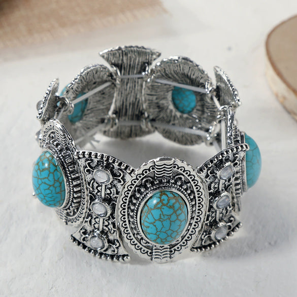 Fashion Turquoise Alloy Vintage Silver Natural Stone Bracelet Electroplating