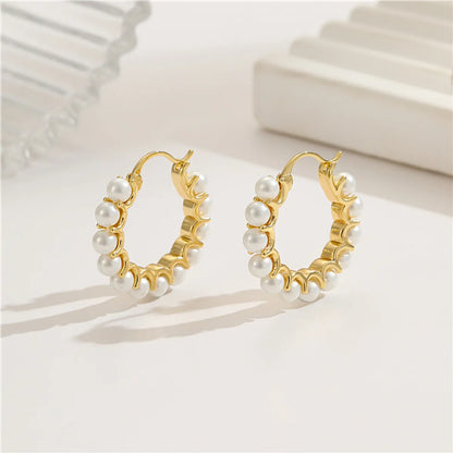 Fashion U Shape Copper Inlay Artificial Pearls Hoop Earrings 1 Pair