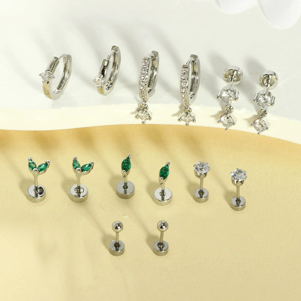 Fashion Unisex Geometric Stainless Steel Earrings With Emerald Set Zircon And Electroplating Design