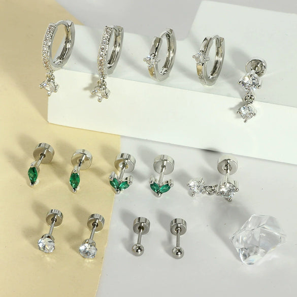 Fashion Unisex Geometric Stainless Steel Earrings With Emerald Set Zircon And Electroplating Design