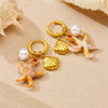 Fashion Vacation Style Stainless Steel Earrings With Shell Pearl Starfish Pendant And Goldplated Star Pattern