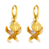 Fashion Vacation Style Stainless Steel Earrings With Shell Pearl Starfish Pendant And Goldplated Star Pattern