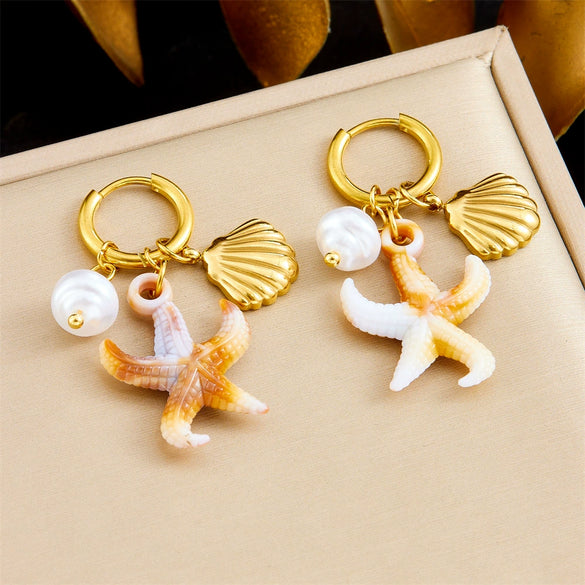 Fashion Vacation Style Stainless Steel Earrings With Shell Pearl Starfish Pendant And Goldplated Star Pattern