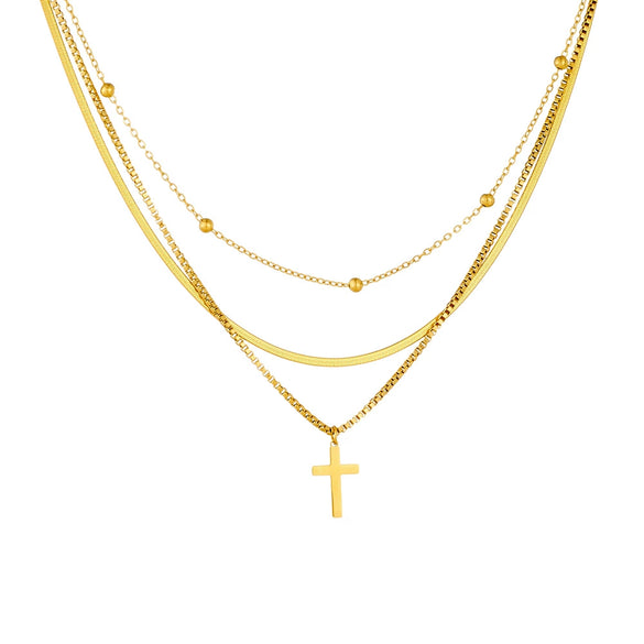 Fashion Versatile Goldplated Multilayered Clavicle Chain Cross Stainless Steel Pendant Unisex Necklace Electroplated