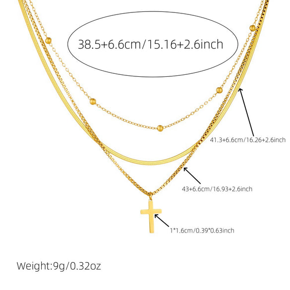 Fashion Versatile Goldplated Multilayered Clavicle Chain Cross Stainless Steel Pendant Unisex Necklace Electroplated