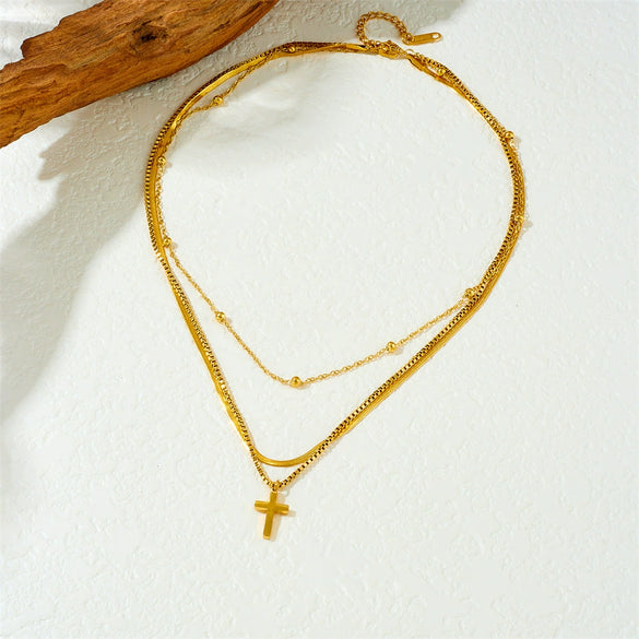 Fashion Versatile Goldplated Multilayered Clavicle Chain Cross Stainless Steel Pendant Unisex Necklace Electroplated