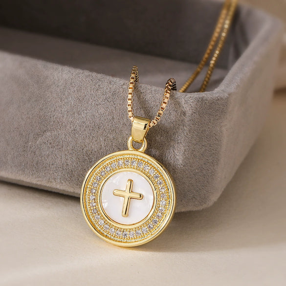 Fashion Vintage Copper 18K Gold Plated Geometric Cross Pendant Necklace For Female