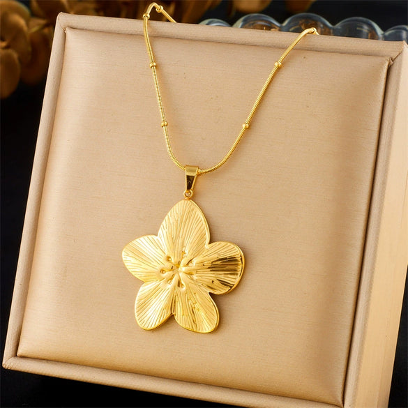 Fashion Vintage Flower Pendant Snake Bone Chain Stainless Steel Jewelry Necklace Gold Plated