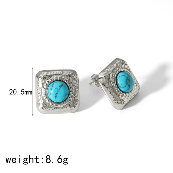 Fashion Vintage Geometric Inlaid Natural Turquoise Titanium Steel Earrings For Women