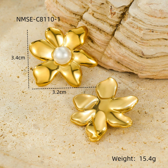 Fashion Vintage Petal Pearl Stainless Steel Titanium Steel Electroplated Women's Earrings Jewelry