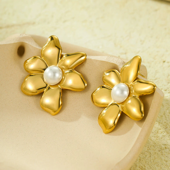 Fashion Vintage Petal Pearl Stainless Steel Titanium Steel Electroplated Women's Earrings Jewelry