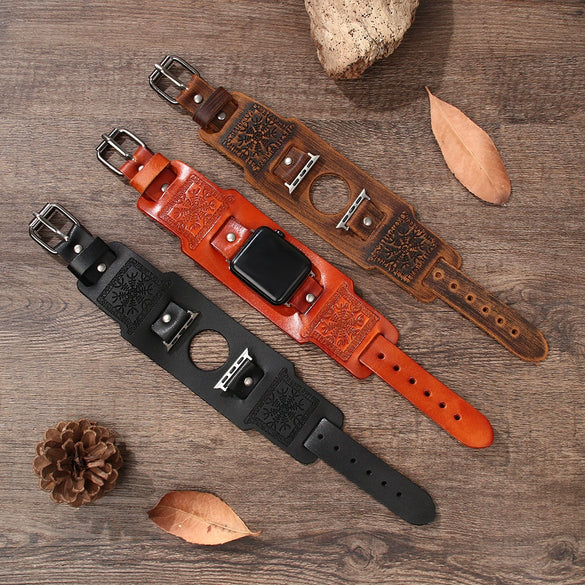 Fashion Watch Strap Genuine Leather Compass Totem Vintage Wristband For Apple Watch Universal Model