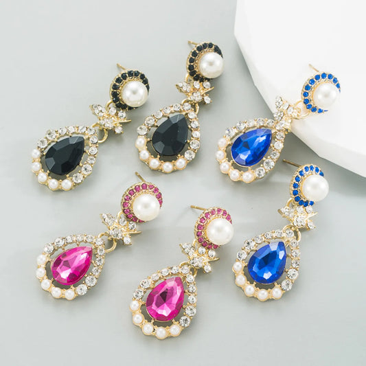 Fashion Water Droplets Alloy Inlay Rhinestone Pearl Drop Earrings