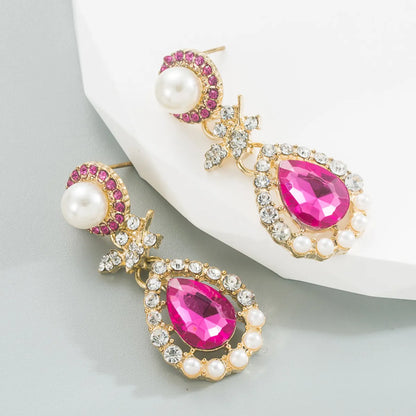 Fashion Water Droplets Alloy Inlay Rhinestone Pearl Drop Earrings