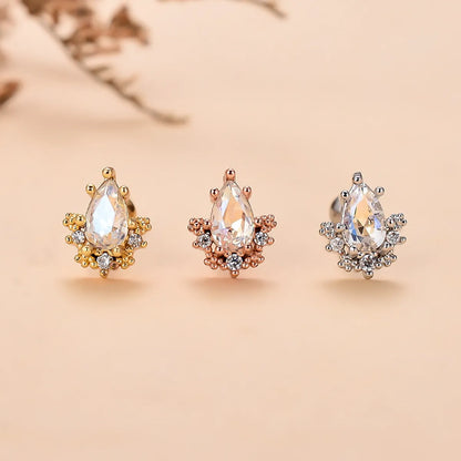 Fashion Water Droplets Flower Stainless Steel Copper Plating Inlay Zircon Ear Studs 1 Piece