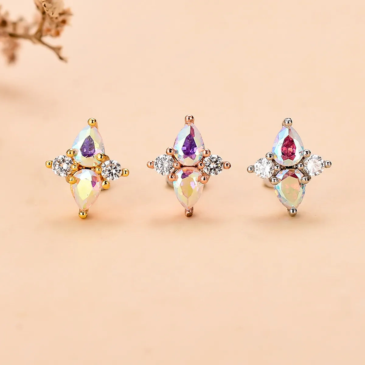 Fashion Water Droplets Flower Stainless Steel Copper Plating Inlay Zircon Ear Studs 1 Piece