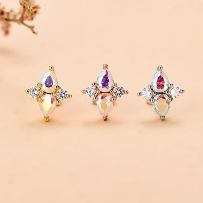 Fashion Water Droplets Flower Stainless Steel Copper Plating Inlay Zircon Ear Studs 1 Piece