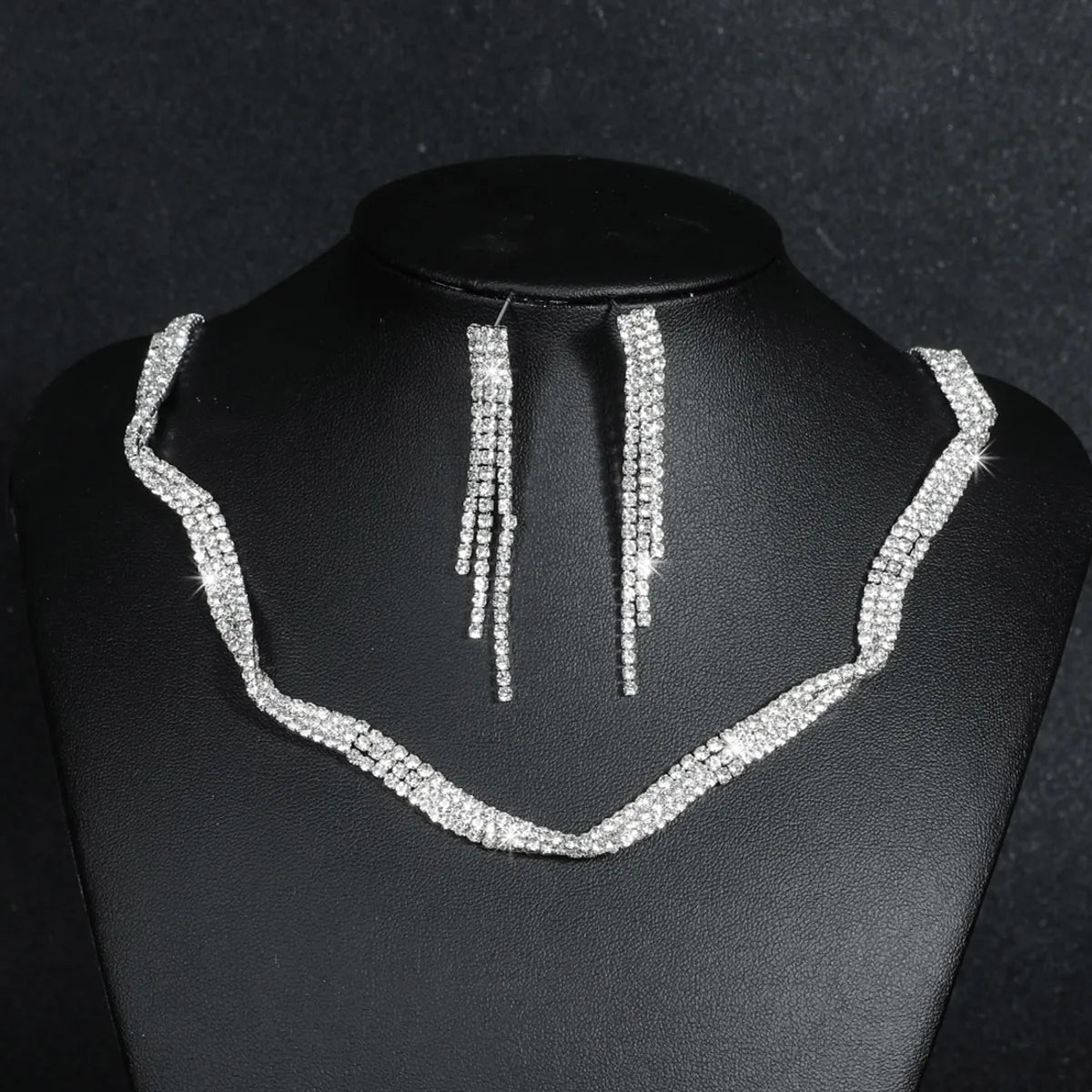 Fashion Water Droplets Tassel Artificial Crystal Metal Inlay Rhinestones Earrings Necklace 1 Set