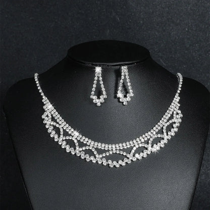 Fashion Water Droplets Tassel Artificial Crystal Metal Inlay Rhinestones Earrings Necklace 1 Set