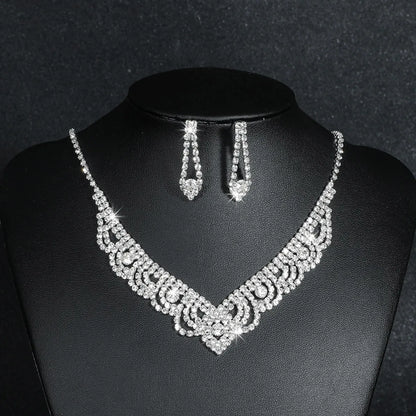 Fashion Water Droplets Tassel Artificial Crystal Metal Inlay Rhinestones Earrings Necklace 1 Set