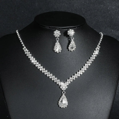 Fashion Water Droplets Tassel Artificial Crystal Metal Inlay Rhinestones Earrings Necklace 1 Set