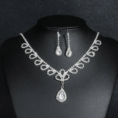 Fashion Water Droplets Tassel Artificial Crystal Metal Inlay Rhinestones Earrings Necklace 1 Set