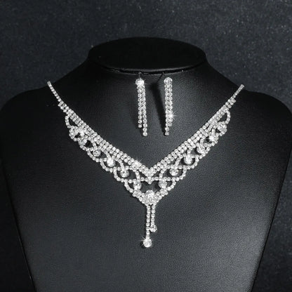 Fashion Water Droplets Tassel Artificial Crystal Metal Inlay Rhinestones Earrings Necklace 1 Set