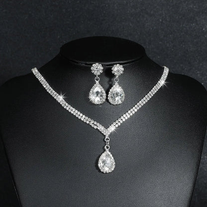 Fashion Water Droplets Tassel Artificial Crystal Metal Inlay Rhinestones Earrings Necklace 1 Set