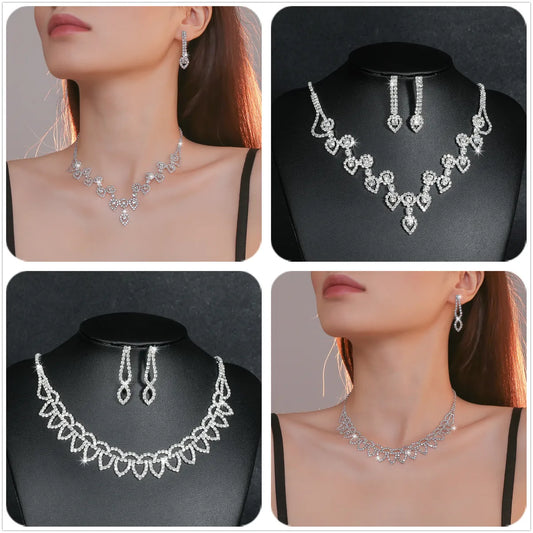 Fashion Water Droplets Tassel Heart Shape Artificial Crystal Metal Inlay Rhinestones Earrings Necklace 1 Set