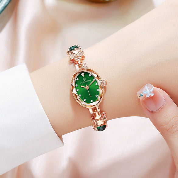Fashion Waterproof Emerald Decorative Women's Quartz Watch With Alloy Case And Strap Oval Dial Mineral Reinforced Glass Mirror Stainless Steel Jewelry Buckle