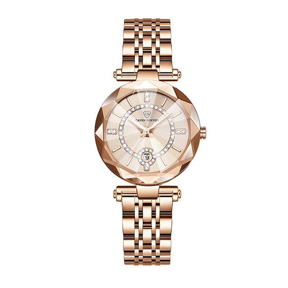 Fashion Waterproof Ladies Quartz Calendar Watch With Star Drill Surface Solid Stainless Steel Band Mineral Strengthened Glass Mirror And Alloy Case