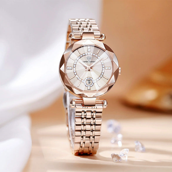Fashion Waterproof Ladies Quartz Calendar Watch With Star Drill Surface Solid Stainless Steel Band Mineral Strengthened Glass Mirror And Alloy Case