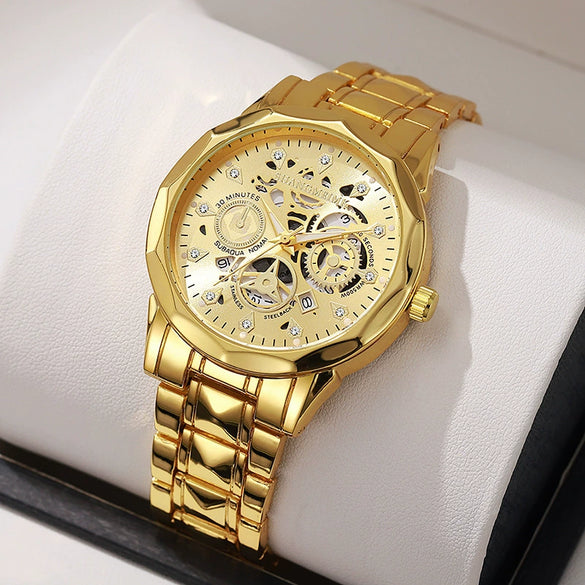 Fashion Waterproof Luminous Automatic Quartz Relief Hollow Alloy Men's Watch With Mineral Reinforced Glass Mirror And Stainless Steel Buckle