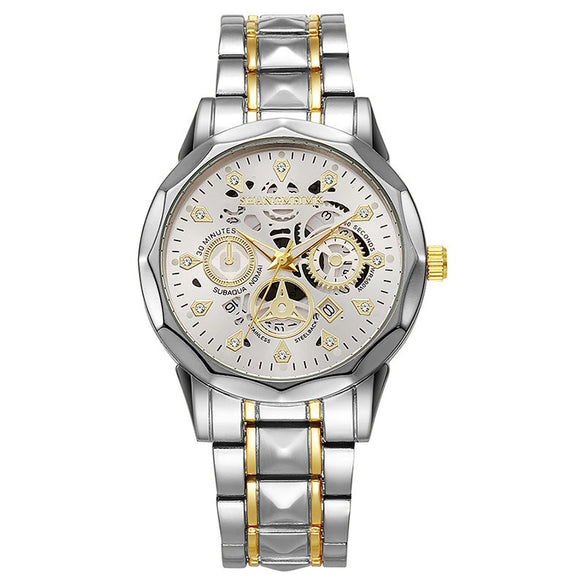 Fashion Waterproof Luminous Automatic Quartz Relief Hollow Alloy Men's Watch With Mineral Reinforced Glass Mirror And Stainless Steel Buckle