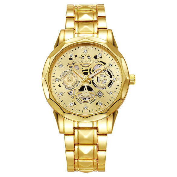 Fashion Waterproof Luminous Automatic Quartz Relief Hollow Alloy Men's Watch With Mineral Reinforced Glass Mirror And Stainless Steel Buckle