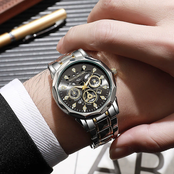 Fashion Waterproof Luminous Automatic Quartz Relief Hollow Alloy Men's Watch With Mineral Reinforced Glass Mirror And Stainless Steel Buckle