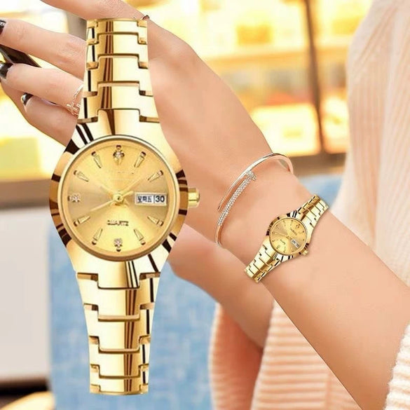 Fashion Waterproof Luminous Women's Steel Belt Quartz Watch With Double Calendar And Round Dial