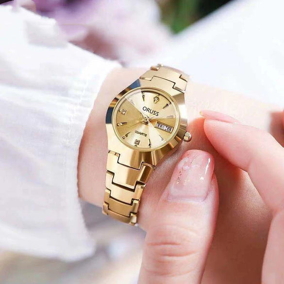 Fashion Waterproof Luminous Women's Steel Belt Quartz Watch With Double Calendar And Round Dial