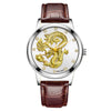 Fashion Waterproof Men's Watch With Dragon Pattern Metal Case Leather Strap And Round Dial