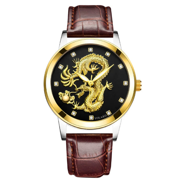 Fashion Waterproof Men's Watch With Dragon Pattern Metal Case Leather Strap And Round Dial