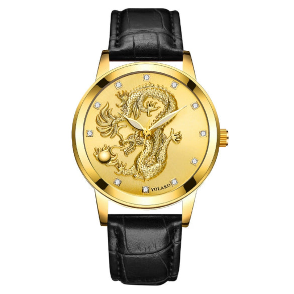 Fashion Waterproof Men's Watch With Dragon Pattern Metal Case Leather Strap And Round Dial