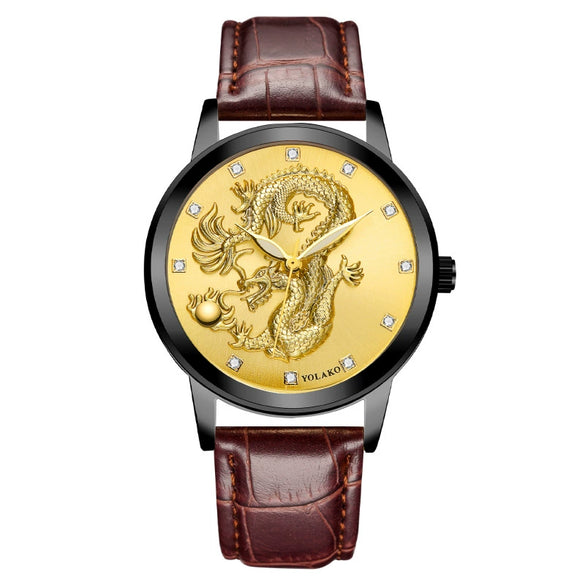 Fashion Waterproof Men's Watch With Dragon Pattern Metal Case Leather Strap And Round Dial