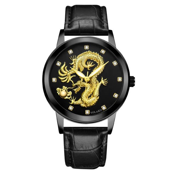 Fashion Waterproof Men's Watch With Dragon Pattern Metal Case Leather Strap And Round Dial