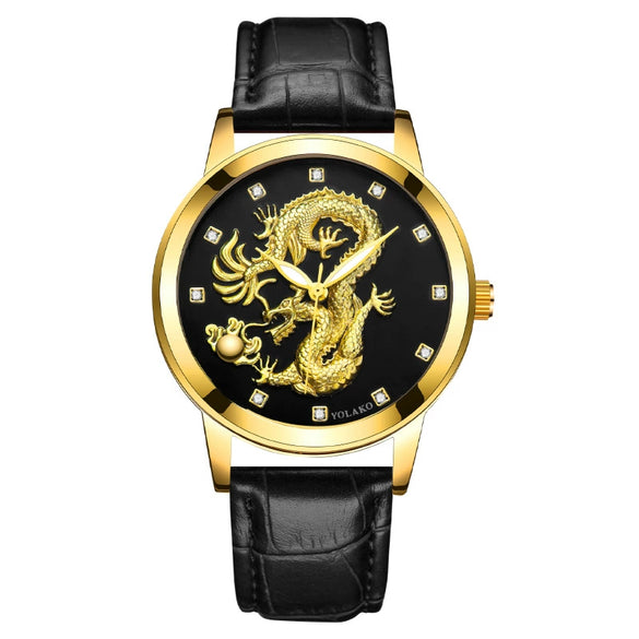 Fashion Waterproof Men's Watch With Dragon Pattern Metal Case Leather Strap And Round Dial