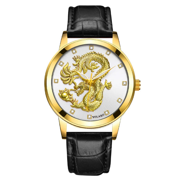 Fashion Waterproof Men's Watch With Dragon Pattern Metal Case Leather Strap And Round Dial