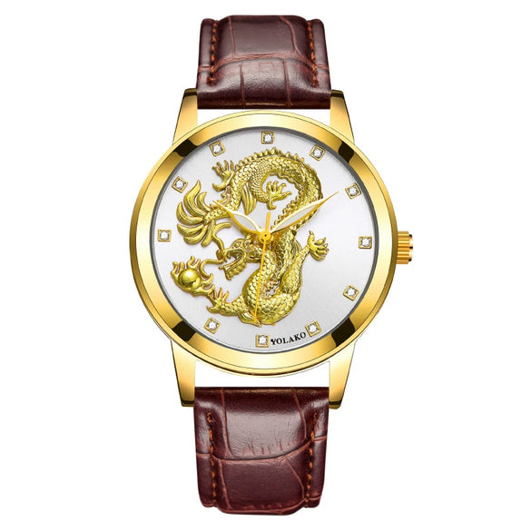 Fashion Waterproof Men's Watch With Dragon Pattern Metal Case Leather Strap And Round Dial
